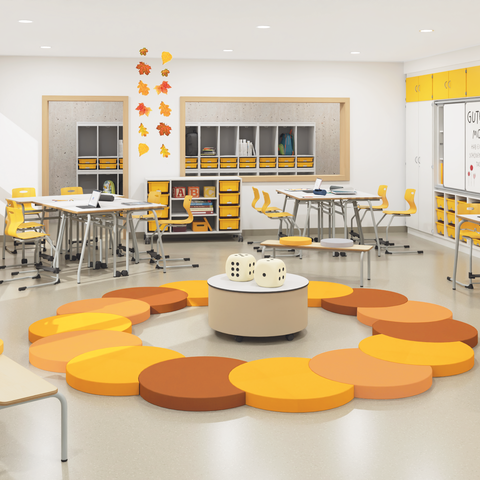 Klassenraum einer Grundschule mit Tischgruppen und einem Sitzkreis in der Mitte