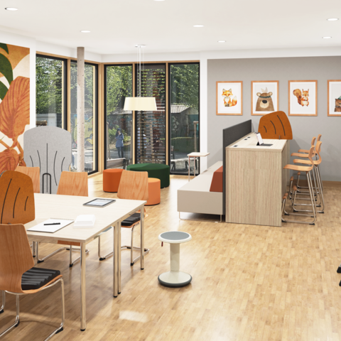 Lehrerzimmer mit großem Besprechungstisch, Stehtisch, Schrankwand und Polsterelementen